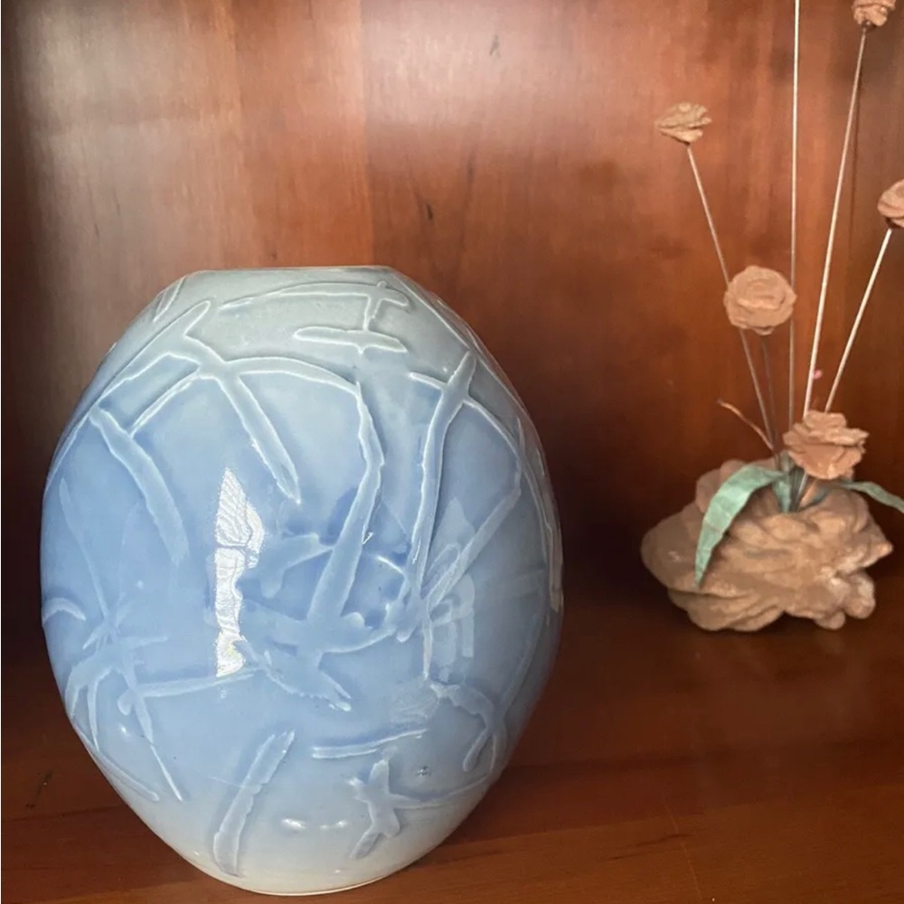 Studio Art Pottery Baby Blue Abstract Dimension Bamboo Flower Vase Signed RS
